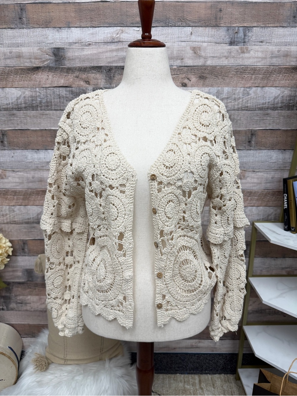 No Label Cream Crocket Button Up Cardigan
